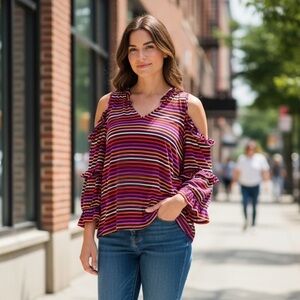 Worthington New Rainbow Shirt Striped Cold Shoulder Ruffle Top Blouse NWT